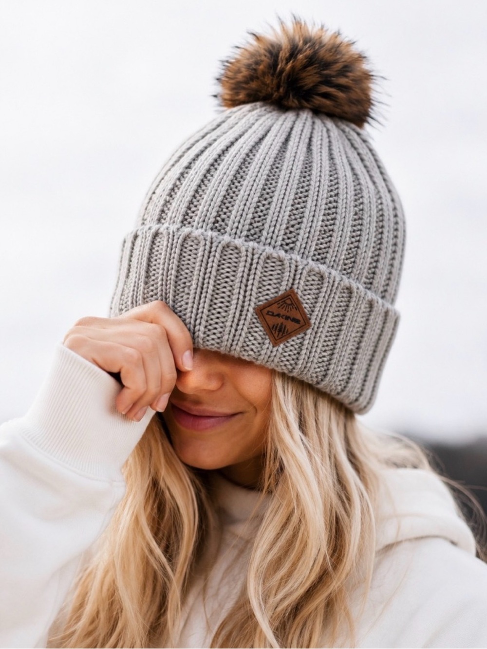 Dakine Gray Knit Beanie Faux Fur Pom Fleece Lined Hat Ski Snowboard